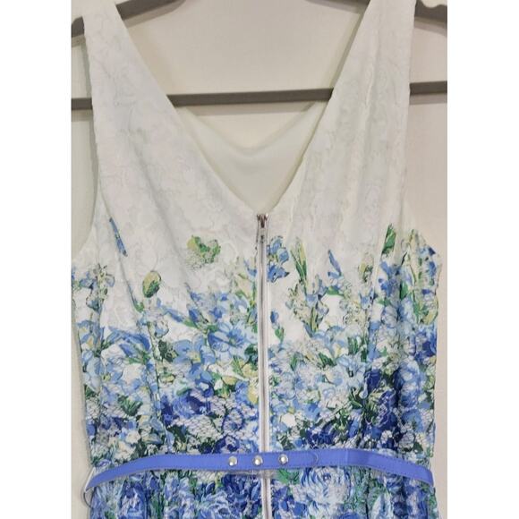 Danny and Nicole Dress Womens 12 Sleeveless Floral Lace Blue/White Belted Dress - Picture 9 of 16
